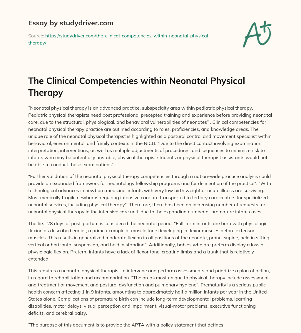 The Clinical Competencies Within Neonatal Physical Therapy  essay