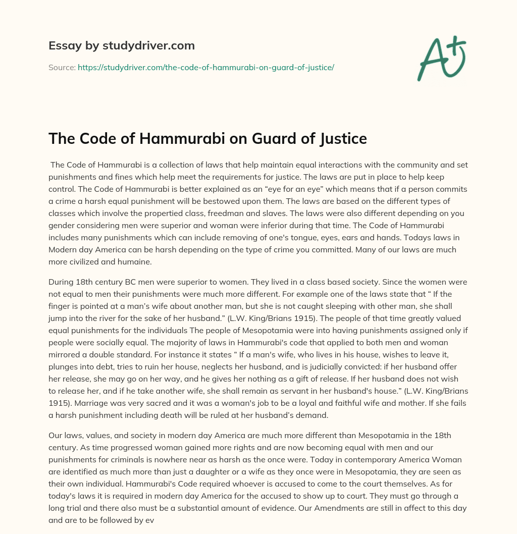 The Code of Hammurabi on Guard of Justice essay