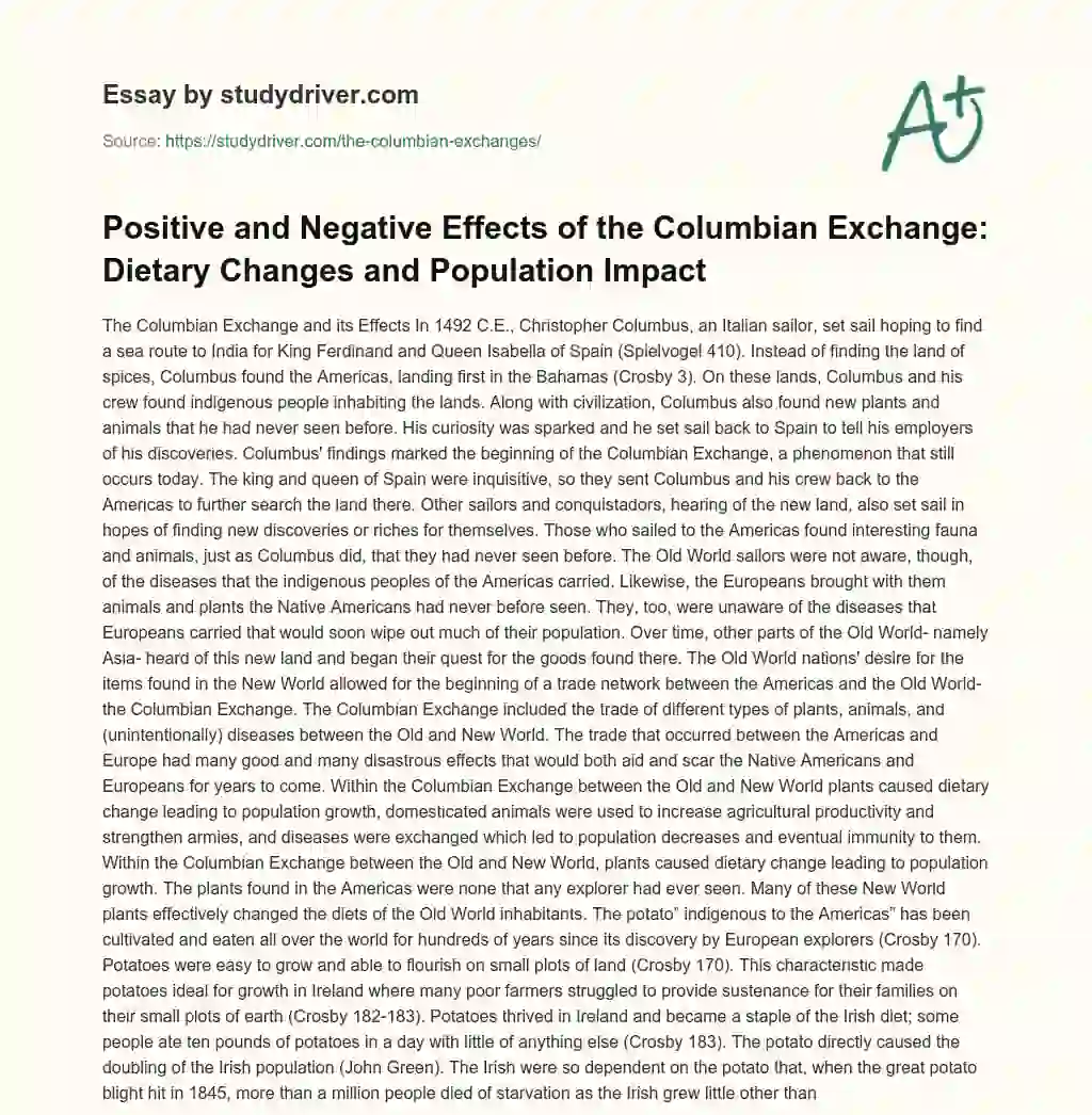 Positive and Negative Effects of the Columbian Exchange: Dietary Changes and Population Impact essay