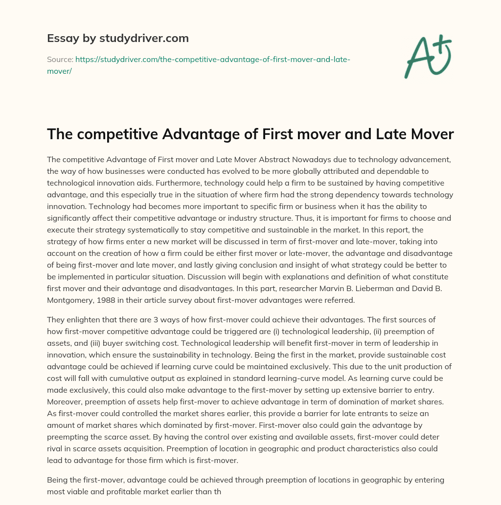 The Competitive Advantage of First Mover and Late Mover essay
