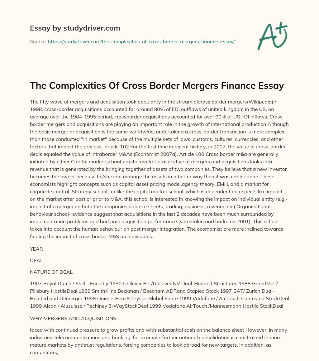 The Complexities of Cross Border Mergers Finance Essay essay
