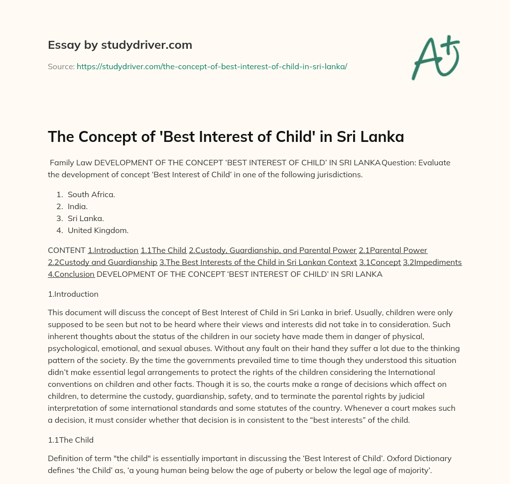 The Concept of ‘Best Interest of Child’ in Sri Lanka essay