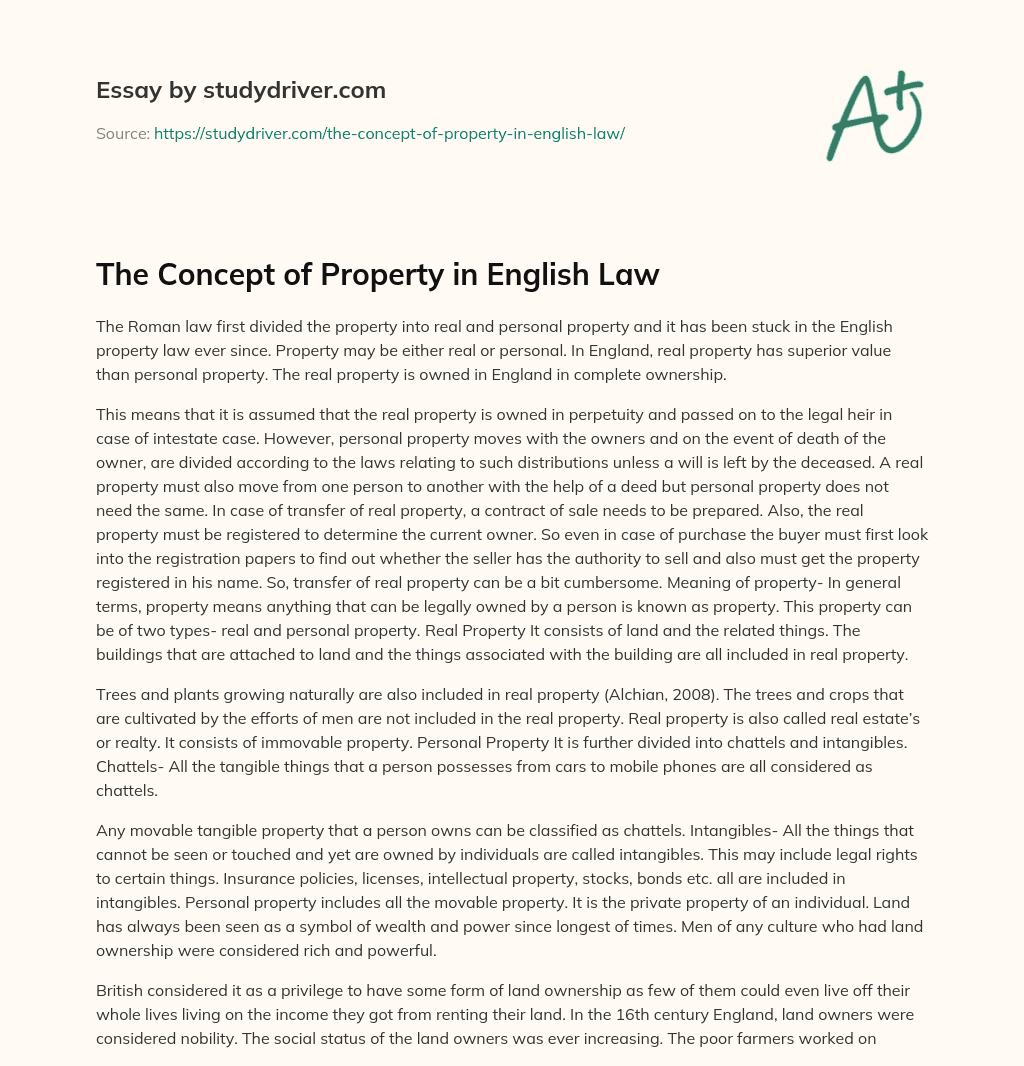 The Concept of Property in English Law essay