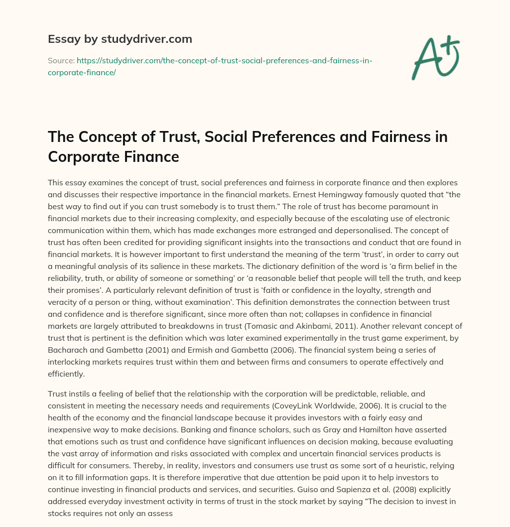 The Concept of Trust, Social Preferences and Fairness in Corporate Finance essay