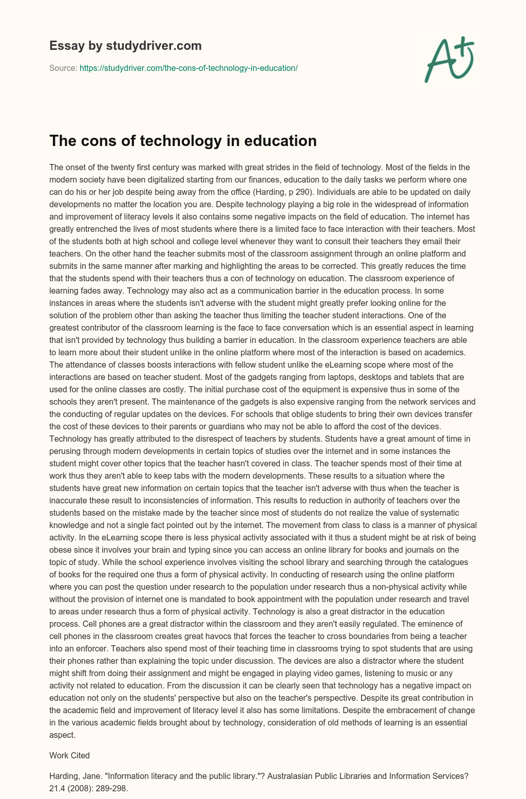The Cons of Technology in Education essay