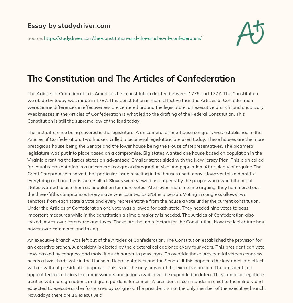 The Constitution and the Articles of Confederation essay
