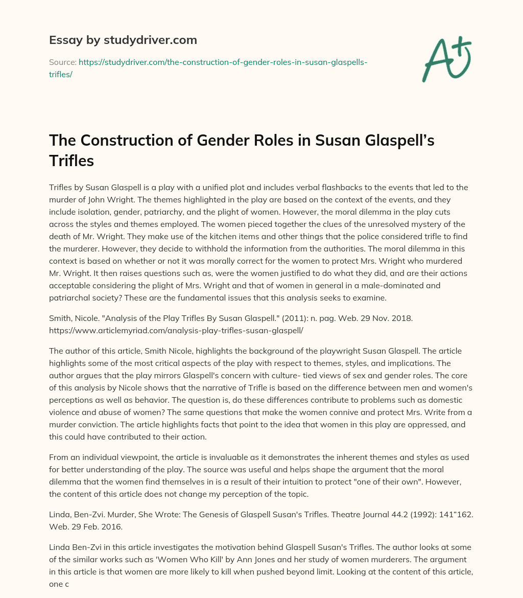 The Construction of Gender Roles in Susan Glaspell’s Trifles essay