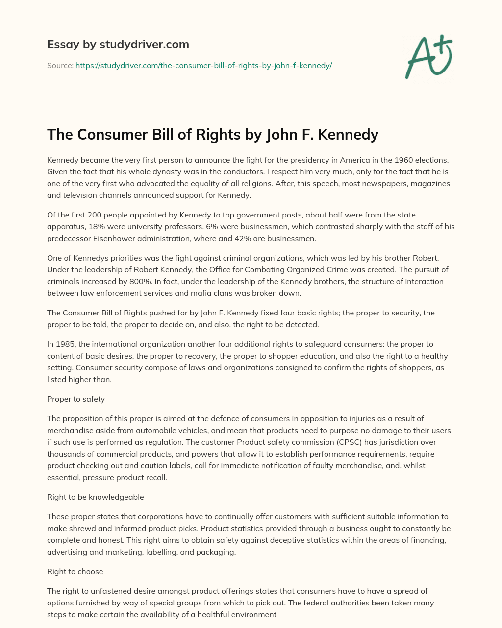 The Consumer Bill of Rights by John F. Kennedy essay