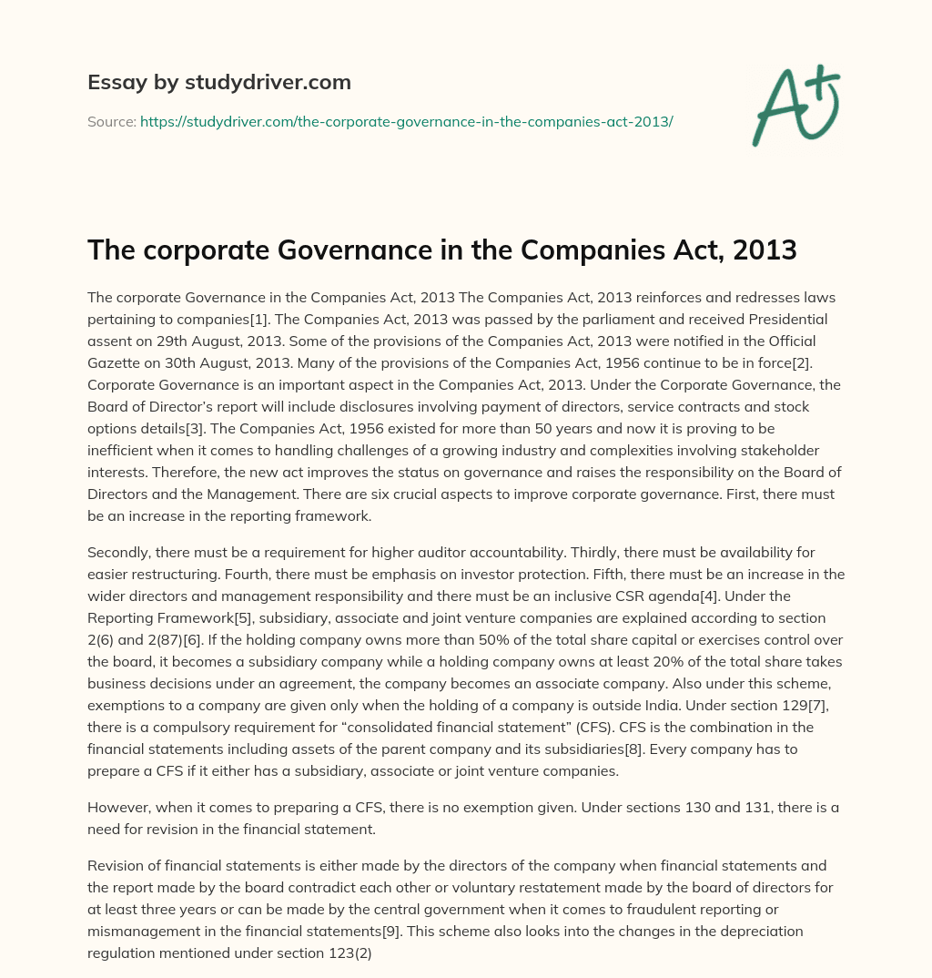The Corporate Governance in the Companies Act, 2013 essay