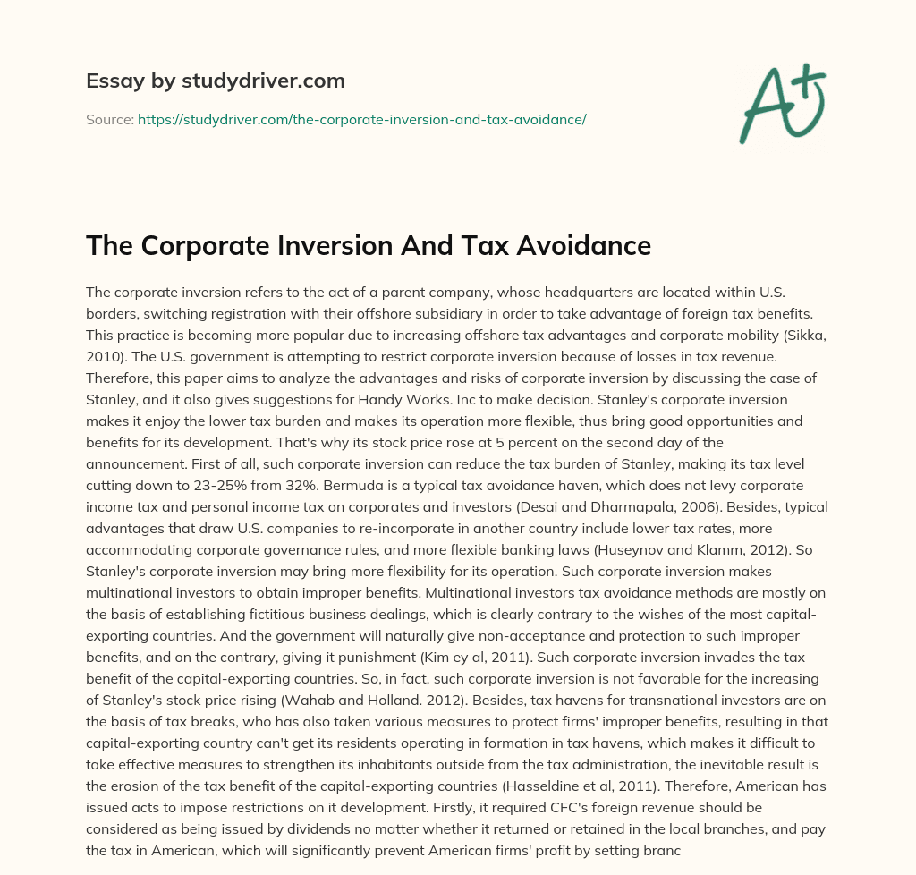 The Corporate Inversion and Tax Avoidance essay