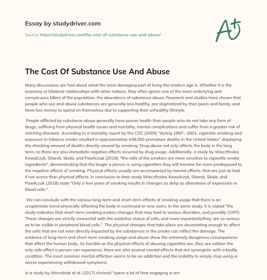 The Cost of Substance Use and Abuse essay