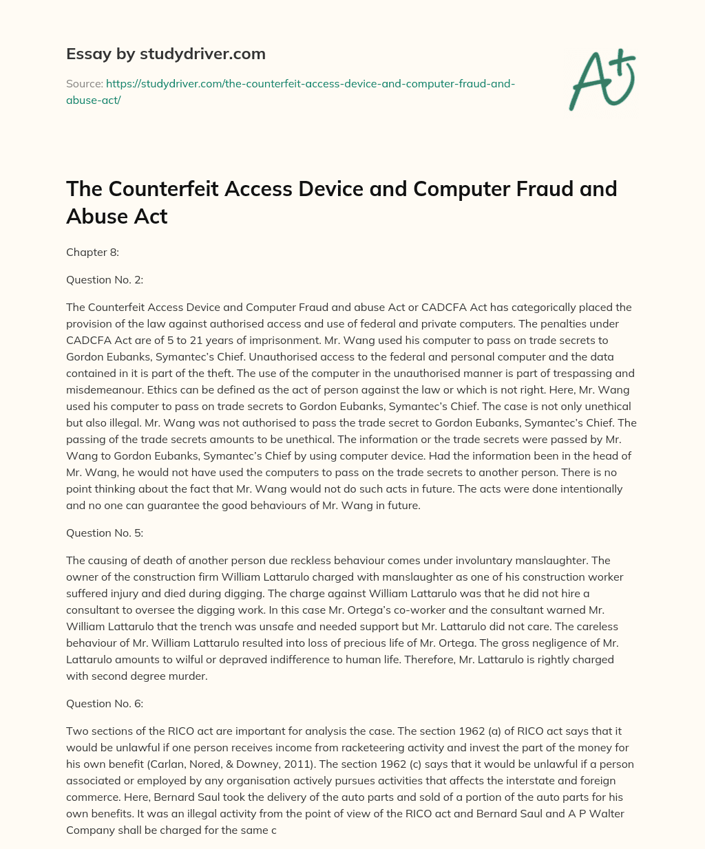 The Counterfeit Access Device and Computer Fraud and Abuse Act essay