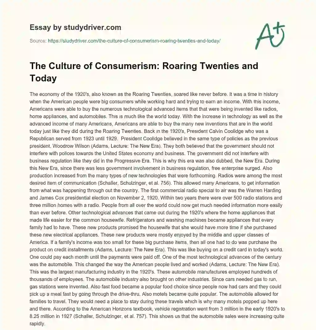 The Culture of Consumerism: Roaring Twenties and Today essay