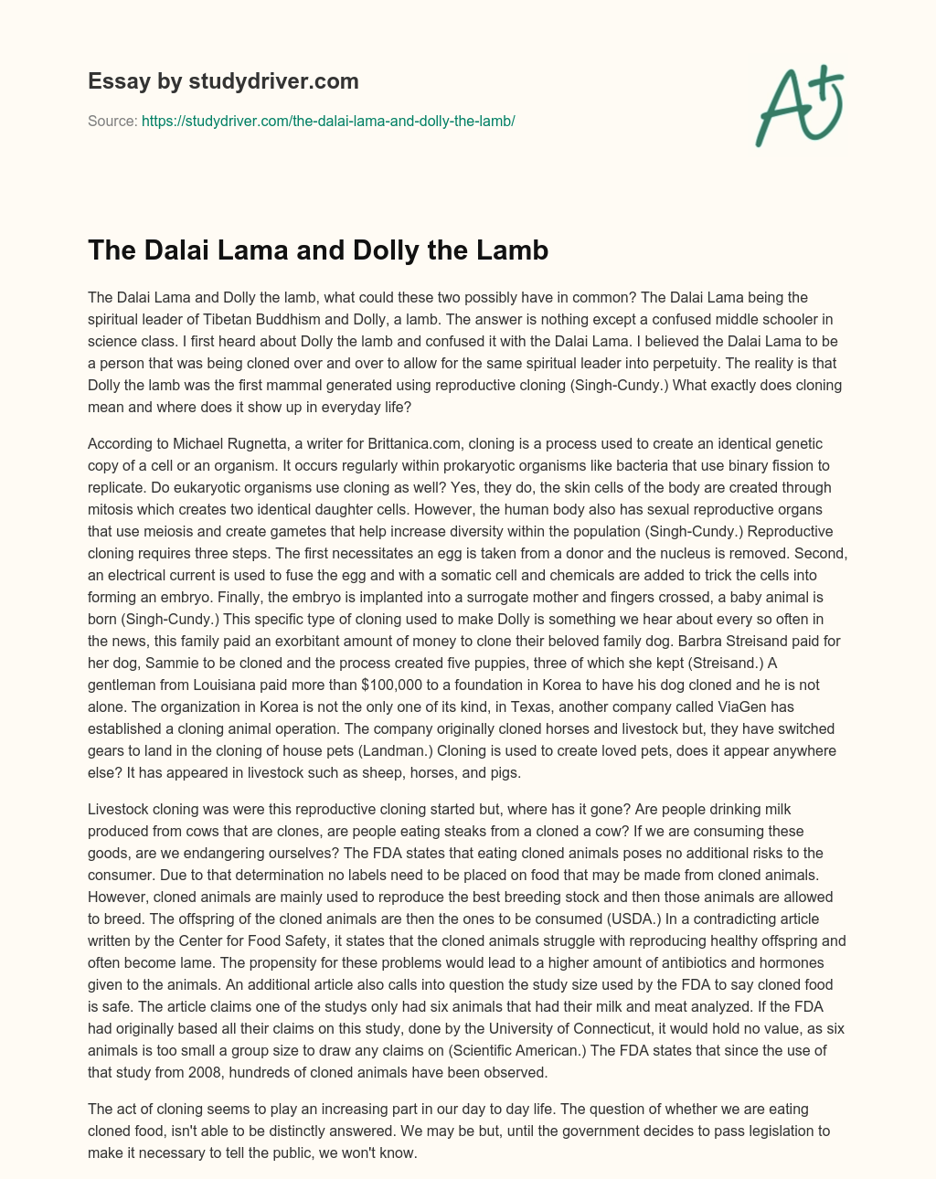 The Dalai Lama and Dolly the Lamb essay