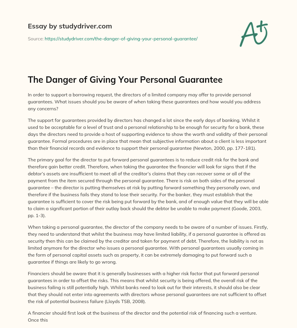 The Danger of Giving your Personal Guarantee essay