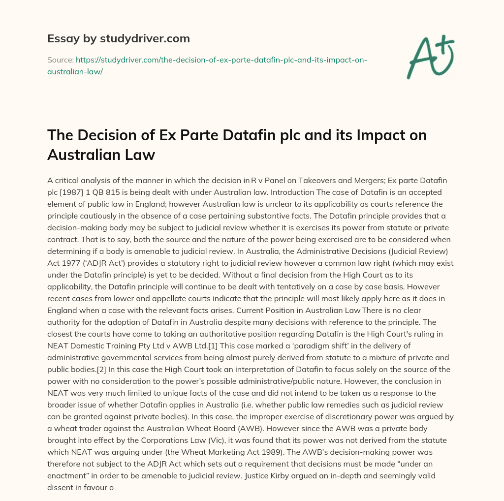 The Decision of Ex Parte Datafin Plc and its Impact on Australian Law essay