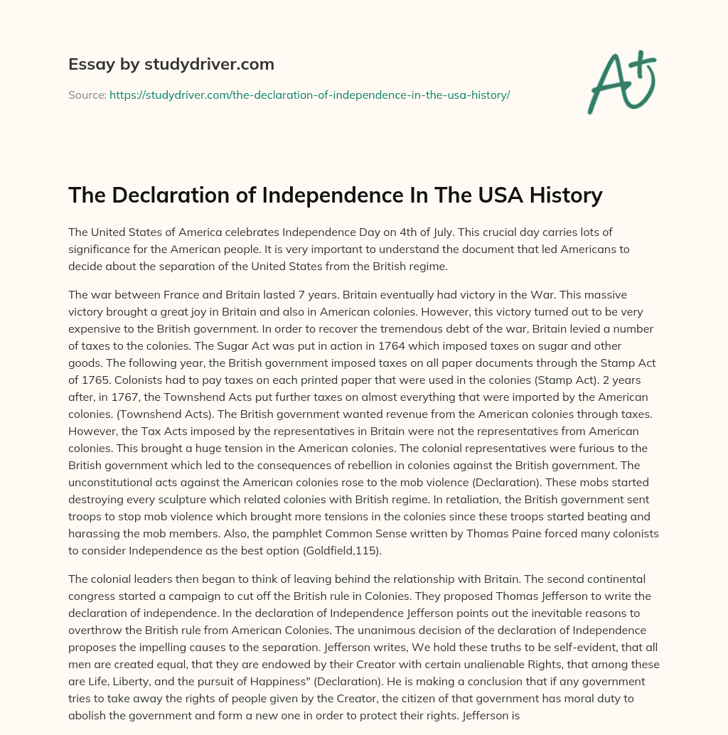 The Declaration of Independence in the USA History essay