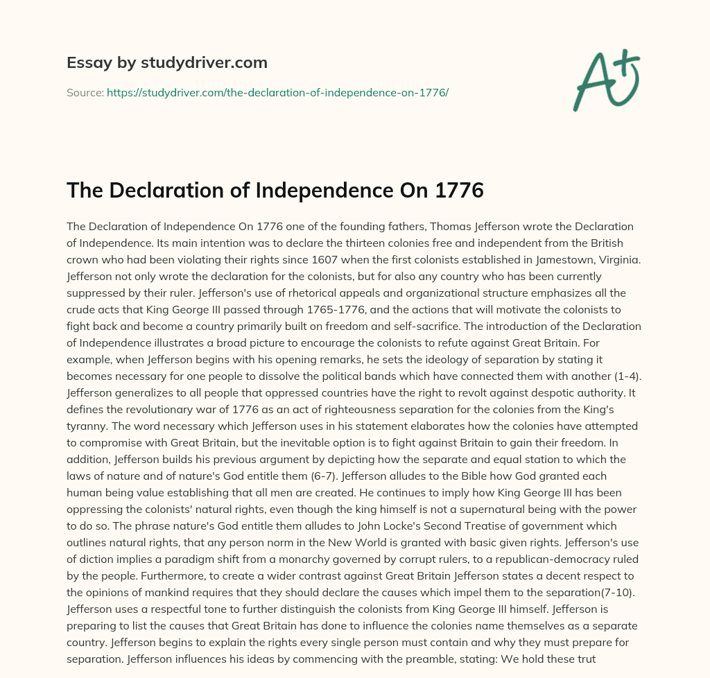 The Declaration of Independence on 1776 essay
