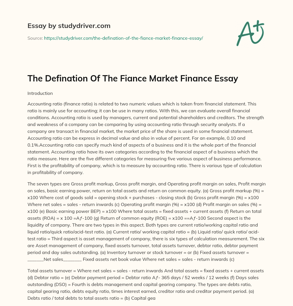 The Defination of the Fiance Market Finance Essay essay