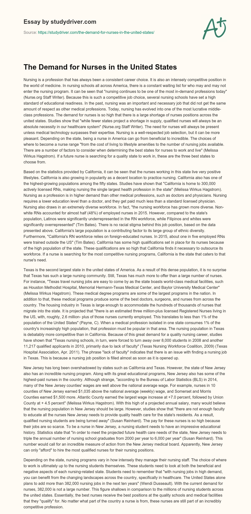 The Demand for Nurses in the United States essay