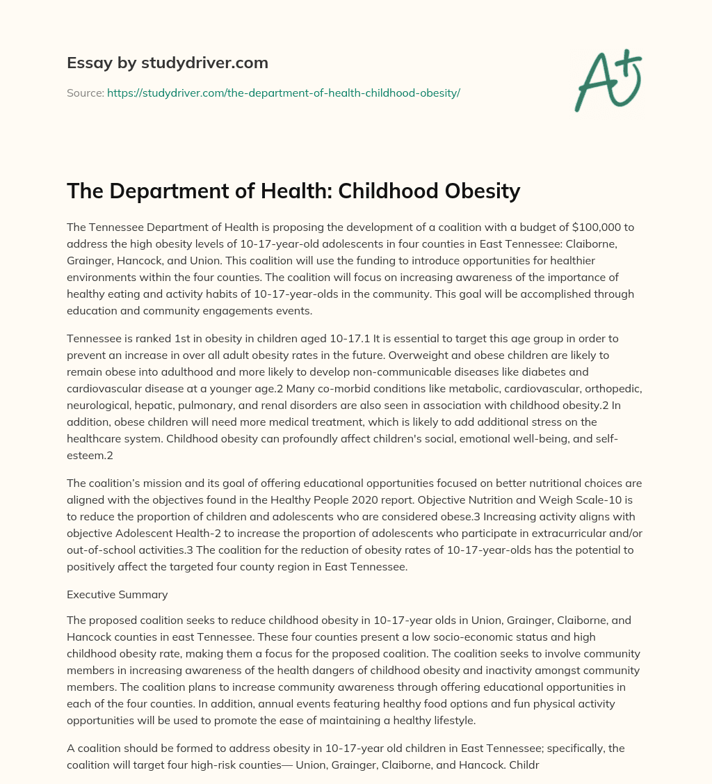 The Department of Health: Childhood Obesity essay