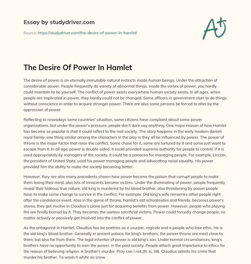 The Desire of Power in Hamlet essay