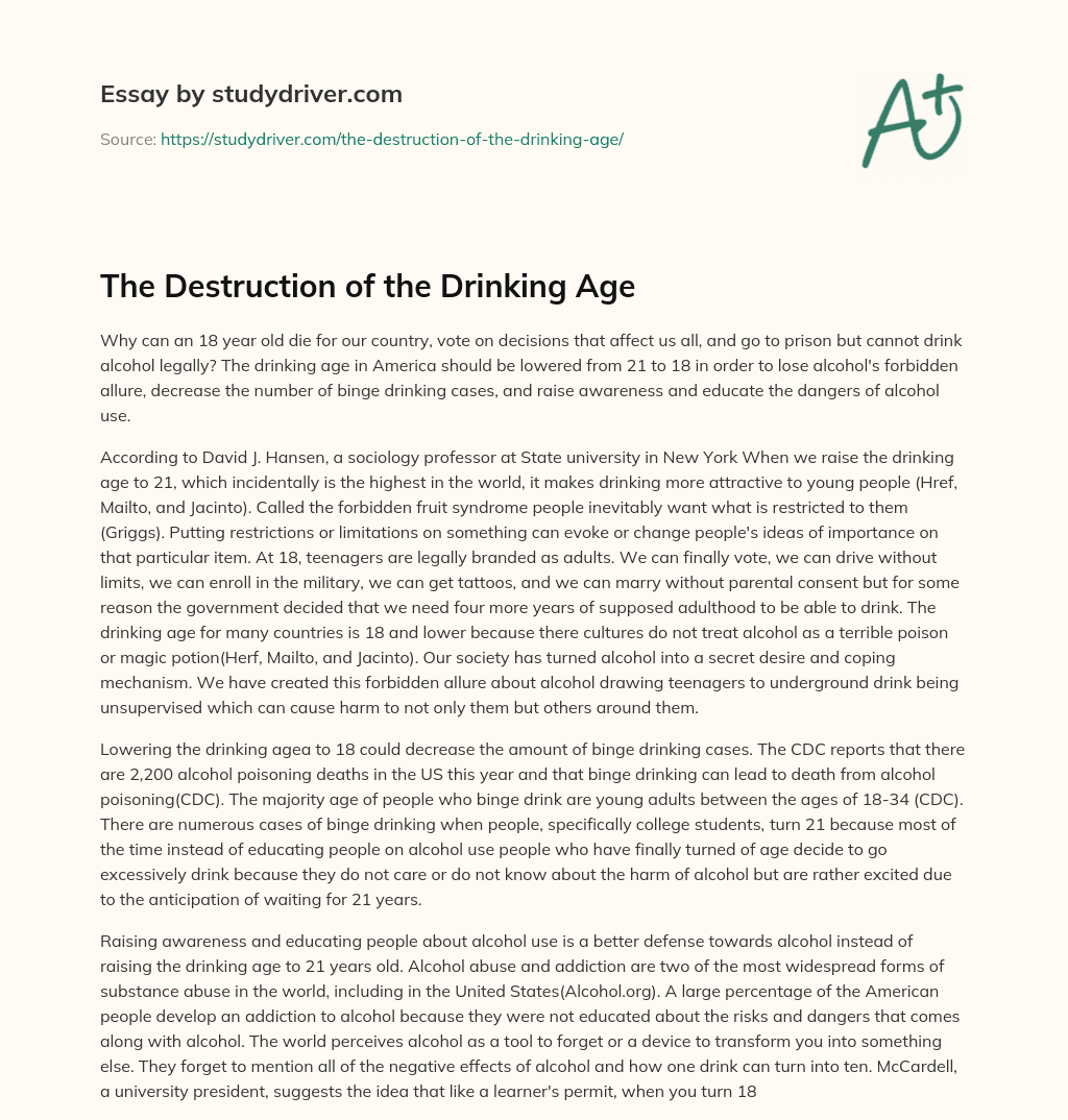 The Destruction of the Drinking Age essay