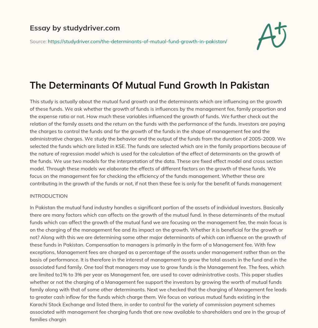 The Determinants of Mutual Fund Growth in Pakistan essay