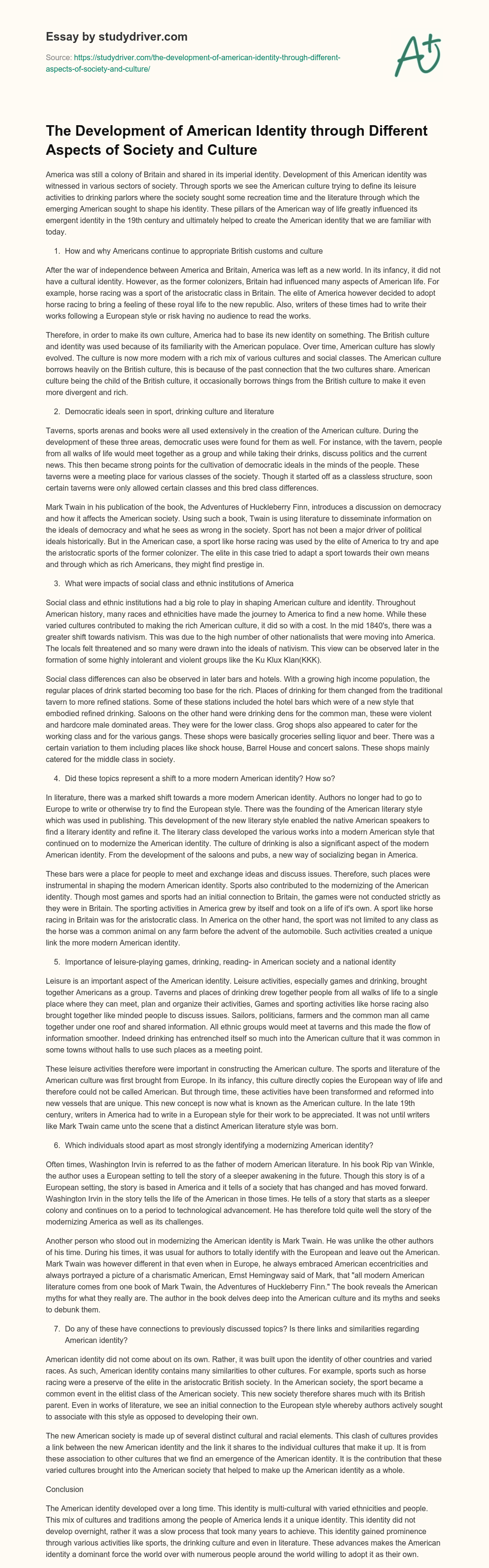 The Development of American Identity through Different Aspects of Society and Culture essay