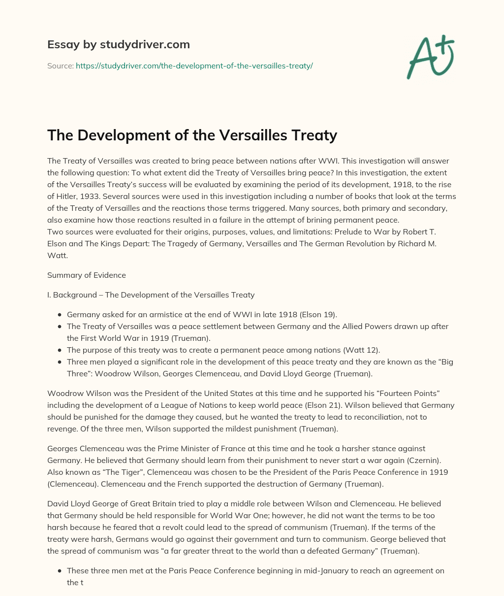 The Development of the Versailles Treaty essay