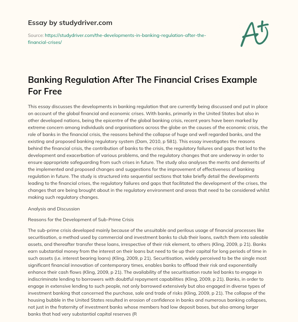 Banking Regulation after the Financial Crises Example for Free essay