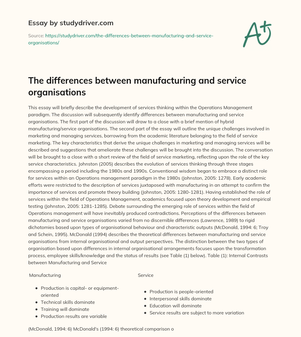The Differences between Manufacturing and Service Organisations essay