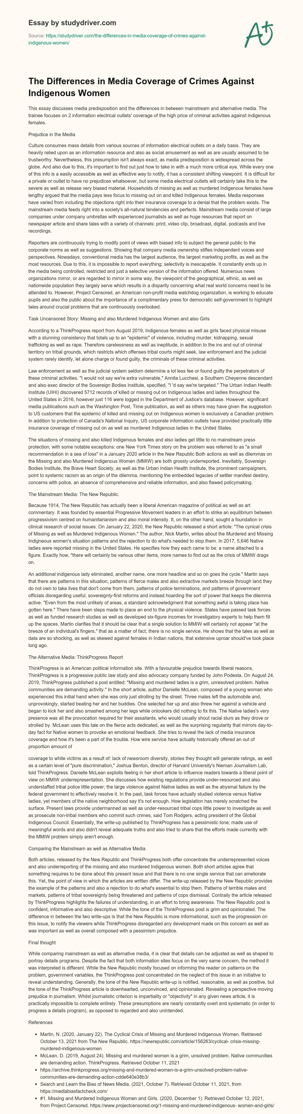 The Differences in Media Coverage of Crimes against Indigenous Women essay