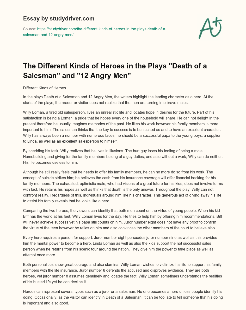 The Different Kinds of Heroes in the Plays “Death of a Salesman” and “12 Angry Men” essay