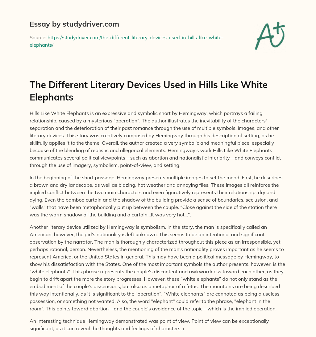 The Different Literary Devices Used in Hills Like White Elephants essay