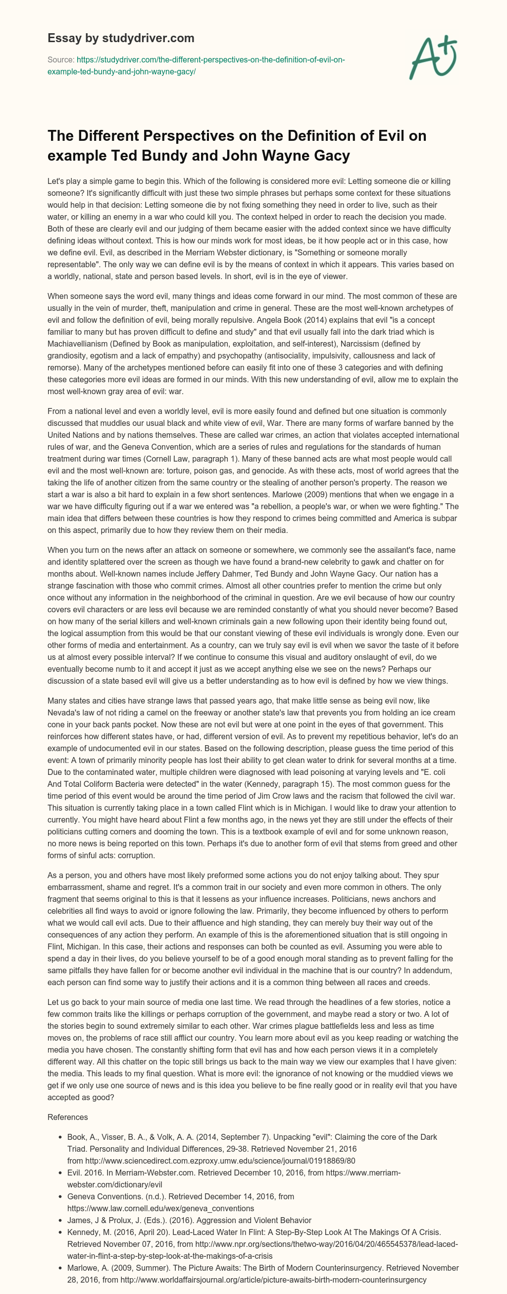 The Different Perspectives on the Definition of Evil on Example Ted Bundy and John Wayne Gacy essay