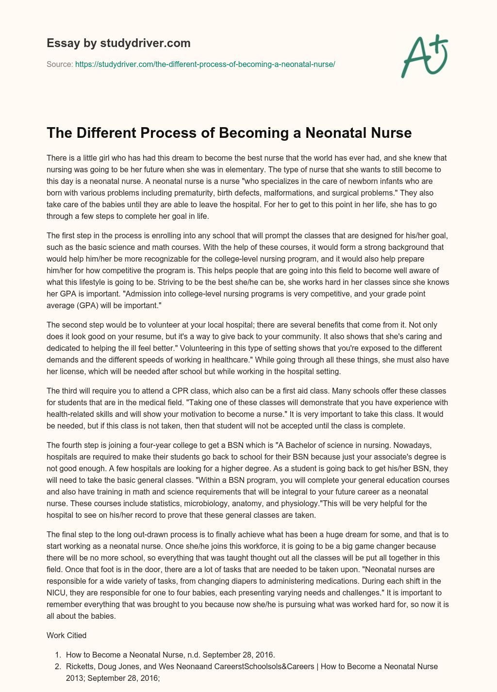 The Different Process of Becoming a Neonatal Nurse essay