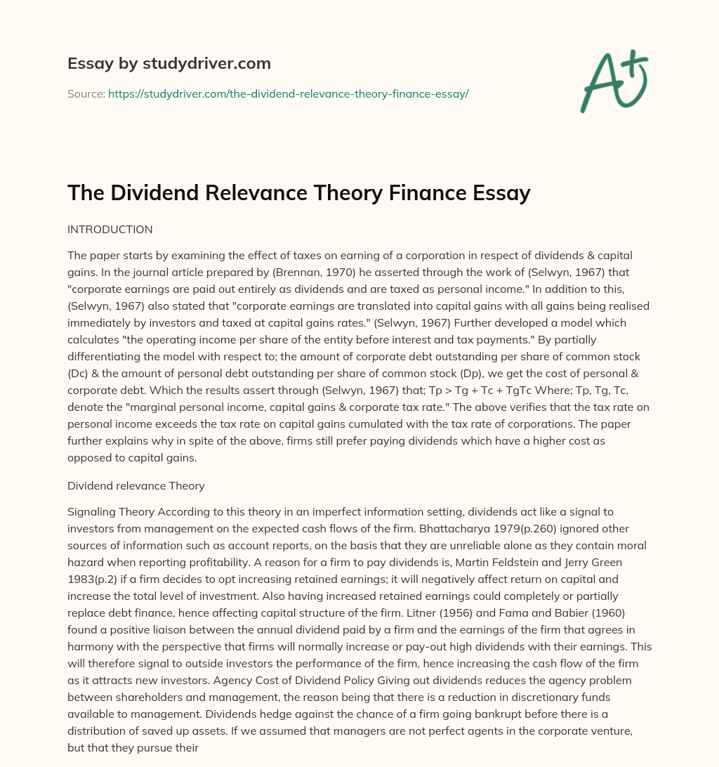 The Dividend Relevance Theory Finance Essay essay