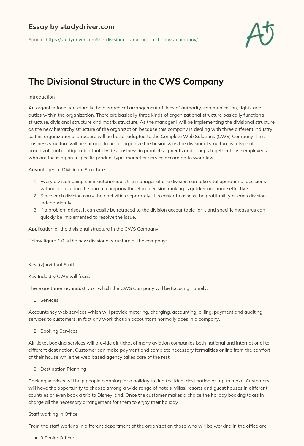 The Divisional Structure in the CWS Company essay
