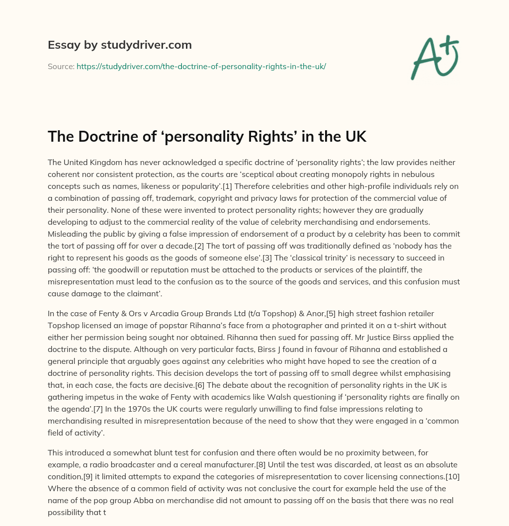 The Doctrine of ‘personality Rights’ in the UK essay