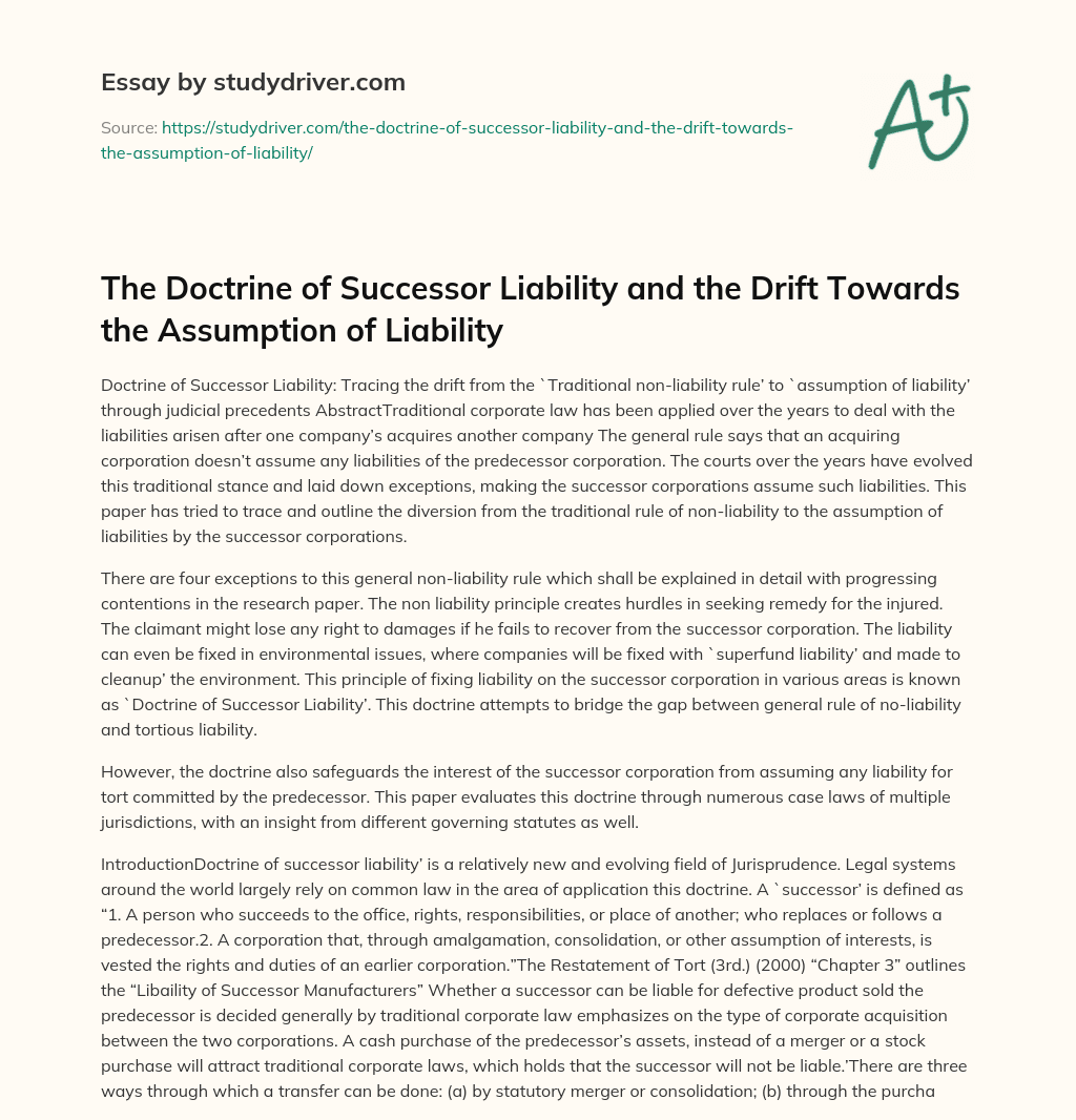 The Doctrine of Successor Liability and the Drift Towards the Assumption of Liability essay