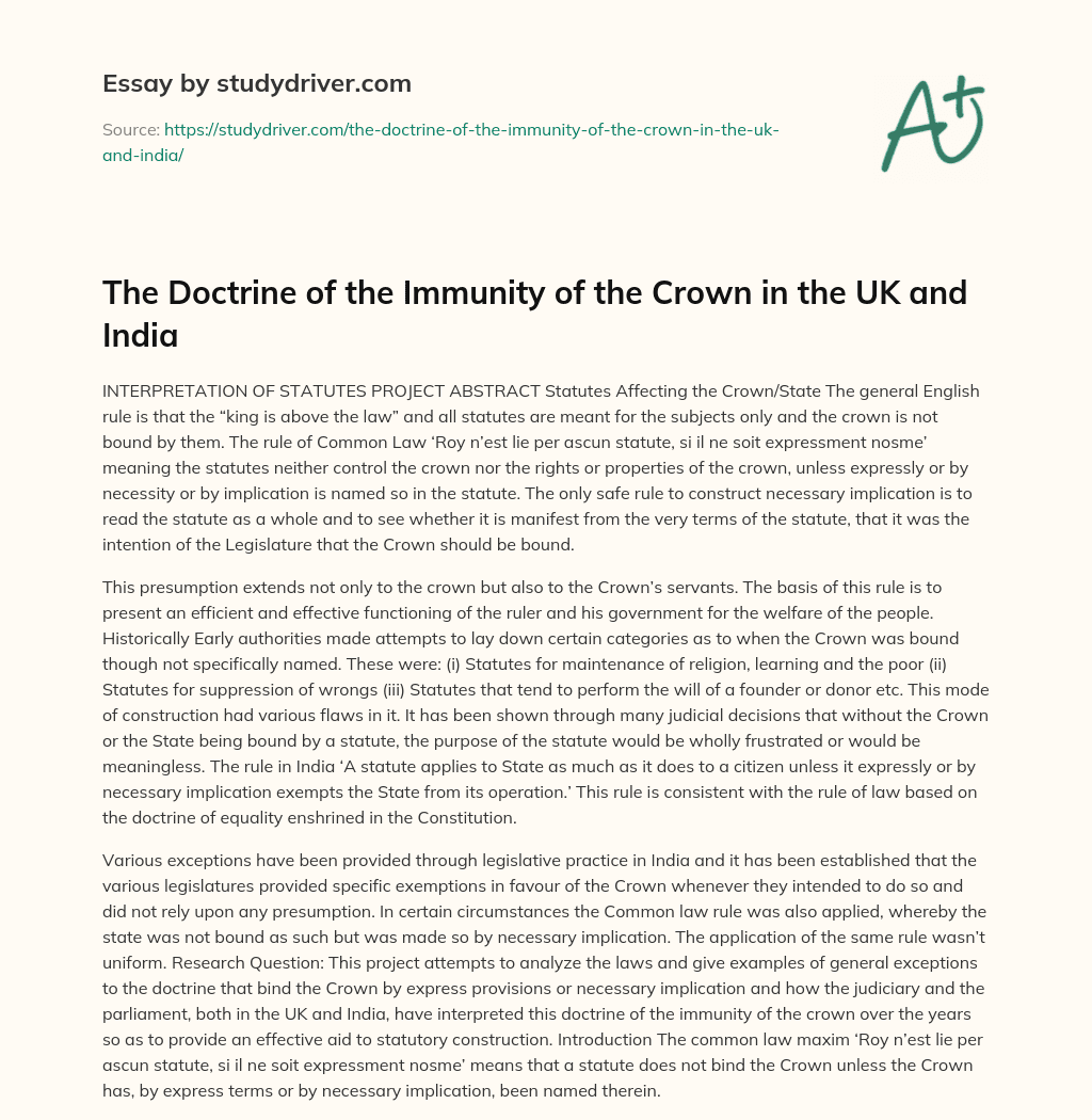 The Doctrine of the Immunity of the Crown in the UK and India essay
