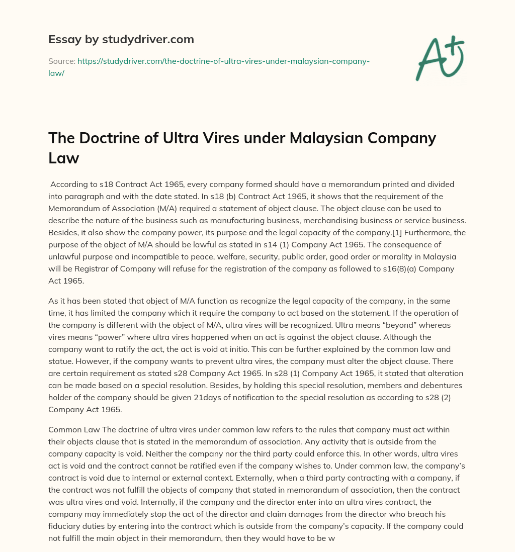The Doctrine of Ultra Vires under Malaysian Company Law essay