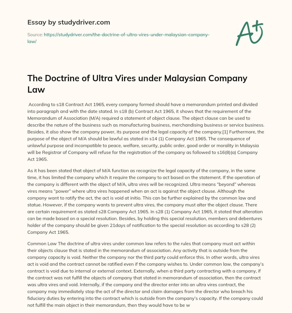 the-doctrine-of-ultra-vires-under-malaysian-company-law-free-essay