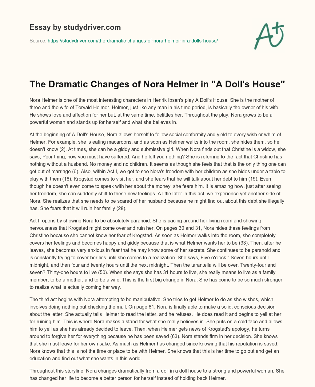The Dramatic Changes of Nora Helmer in “A Doll’s House” essay
