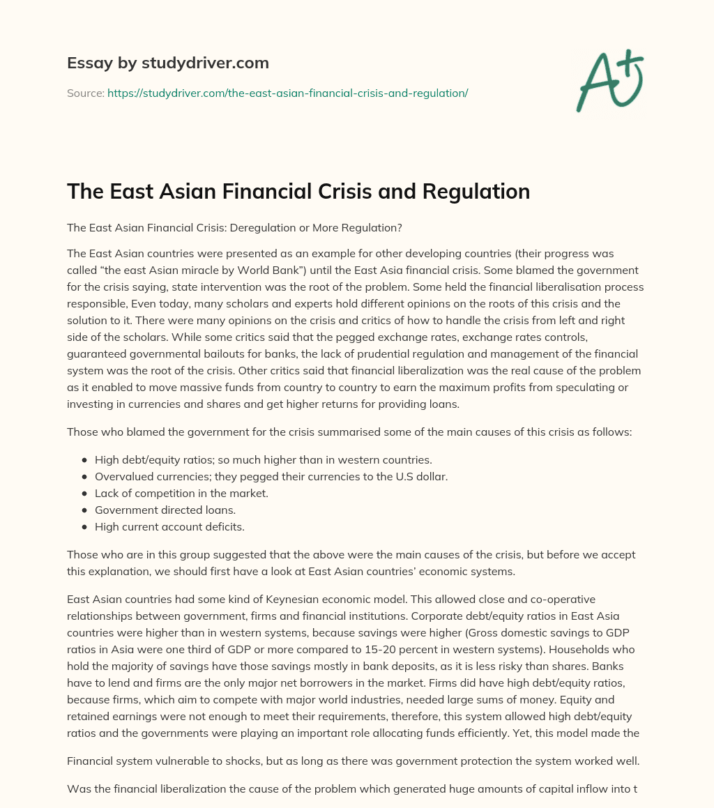 The East Asian Financial Crisis and Regulation essay