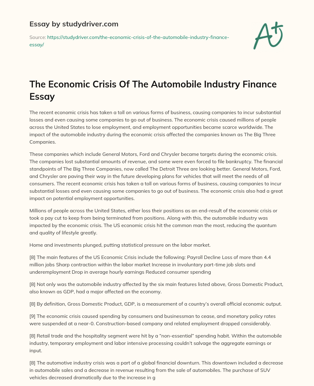 The Economic Crisis of the Automobile Industry Finance Essay essay