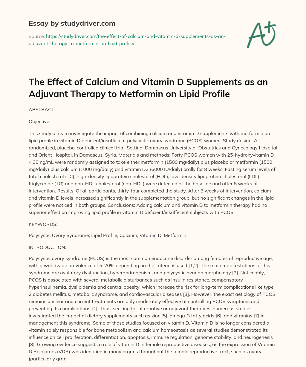 The Effect of Calcium and Vitamin D Supplements as an Adjuvant Therapy to Metformin on Lipid Profile essay