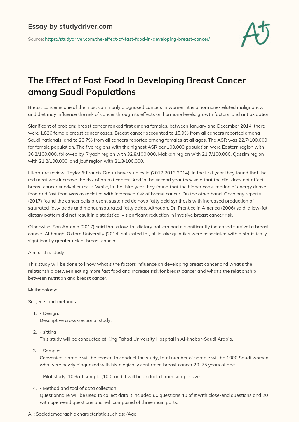 The Effect of Fast Food in Developing Breast Cancer Among Saudi Populations essay