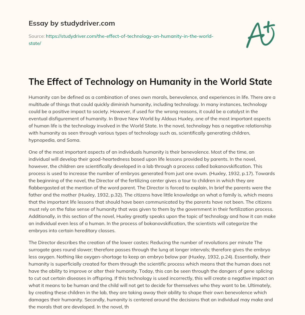 The Effect of Technology on Humanity in the World State essay